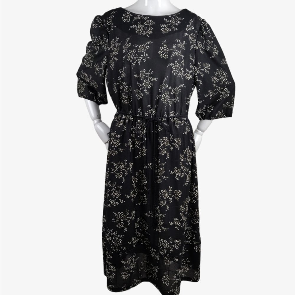 Vintage 1970s Sheer Midi Dress Black White Sprig F